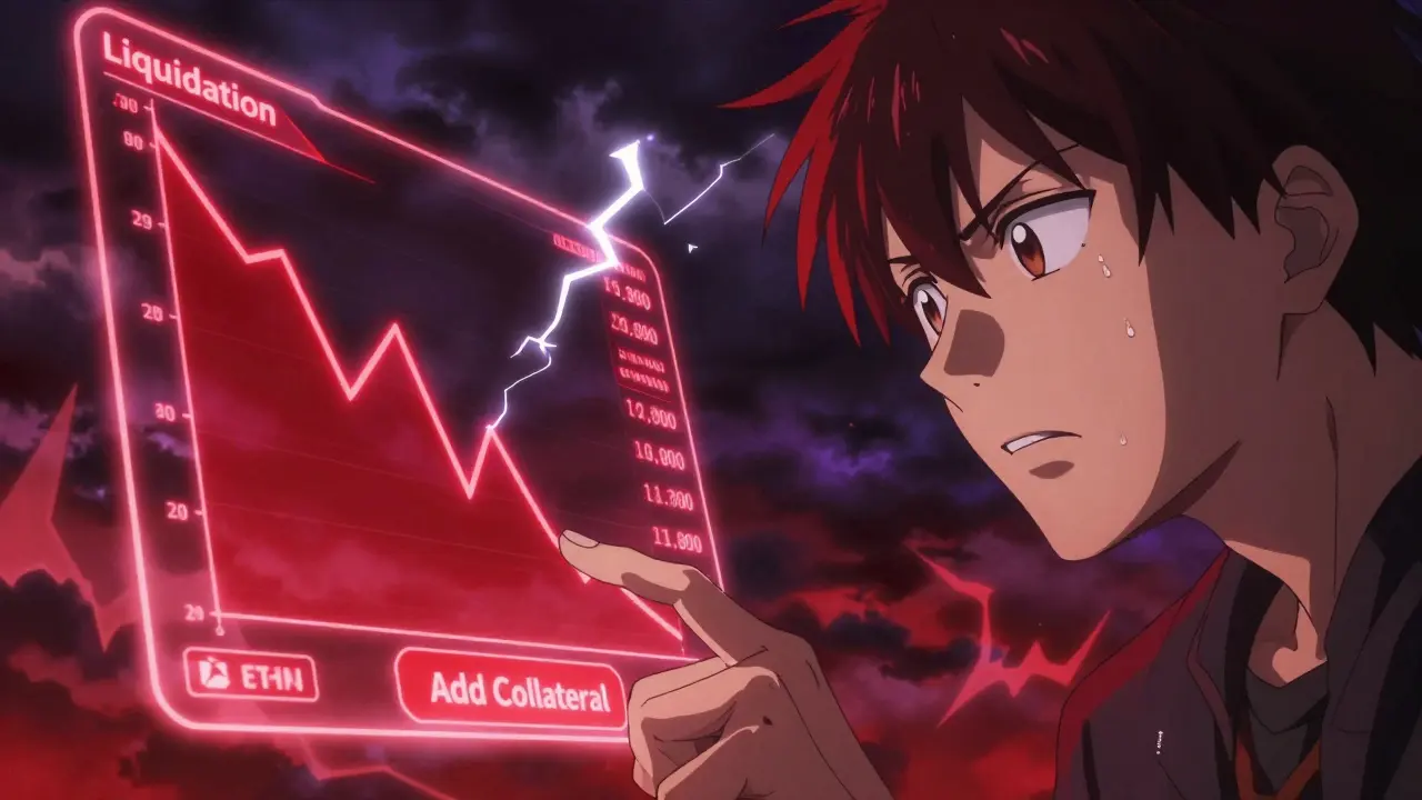 Scène tendue d'anime montrant le risque de liquidation avec un graphique boursier en chute libre.