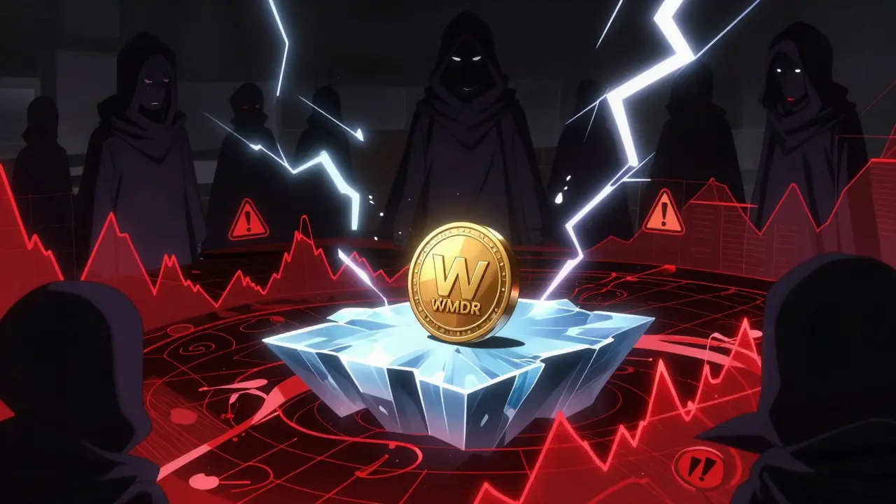 Token crypto fragile au-dessus d'un océan rouge symbolisant les risques financiers