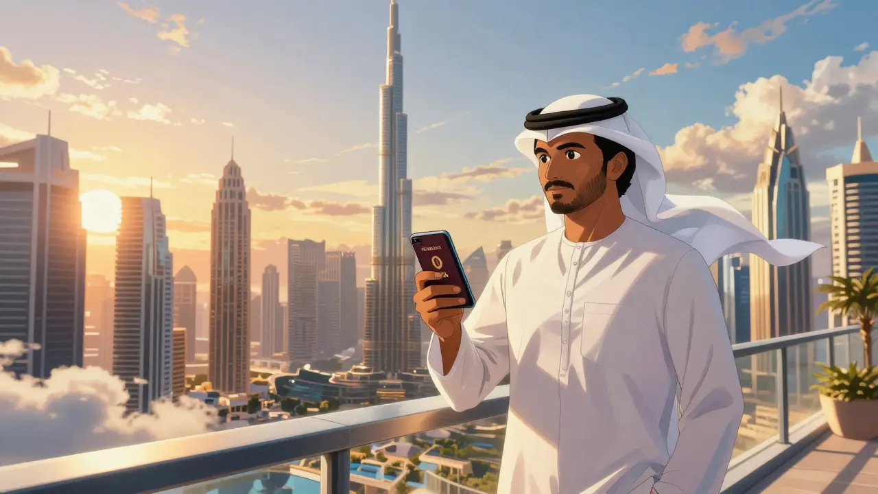 Trader confiant sur un balcon à Dubaï avec vue sur les gratte-ciels au coucher du soleil