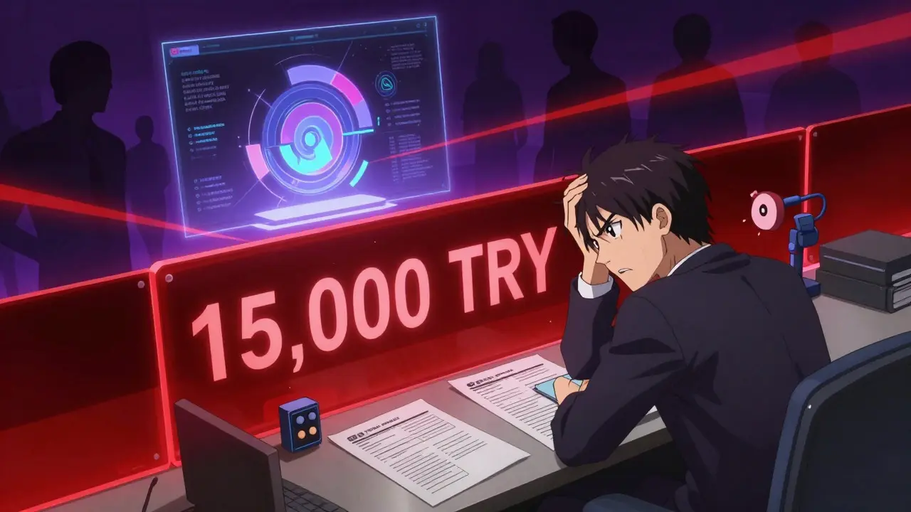 Trader frustré bloqué par des barrières administratives et des vérifications d'identité strictes dans un style anime.