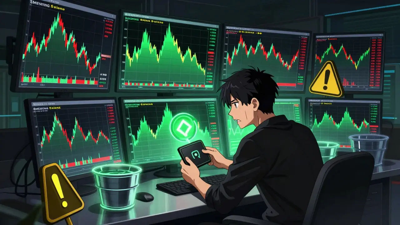 Trader stressé regardant des graphiques de prix volatils de crypto-monnaies sur des écrans.
