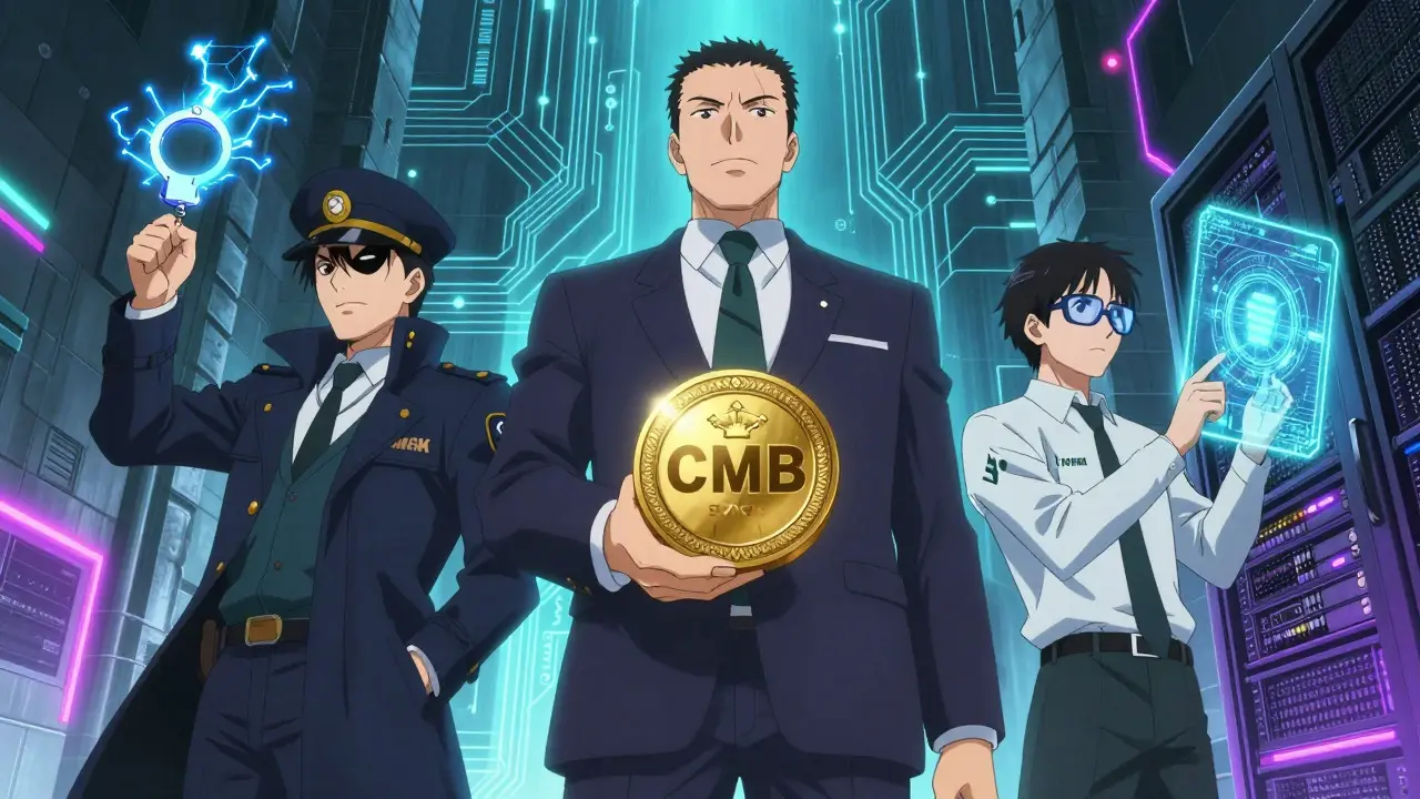 Trois personnages puissants représentant les régulateurs CMB, MASAK et TÜBİTAK surveillant le marché des cryptos.