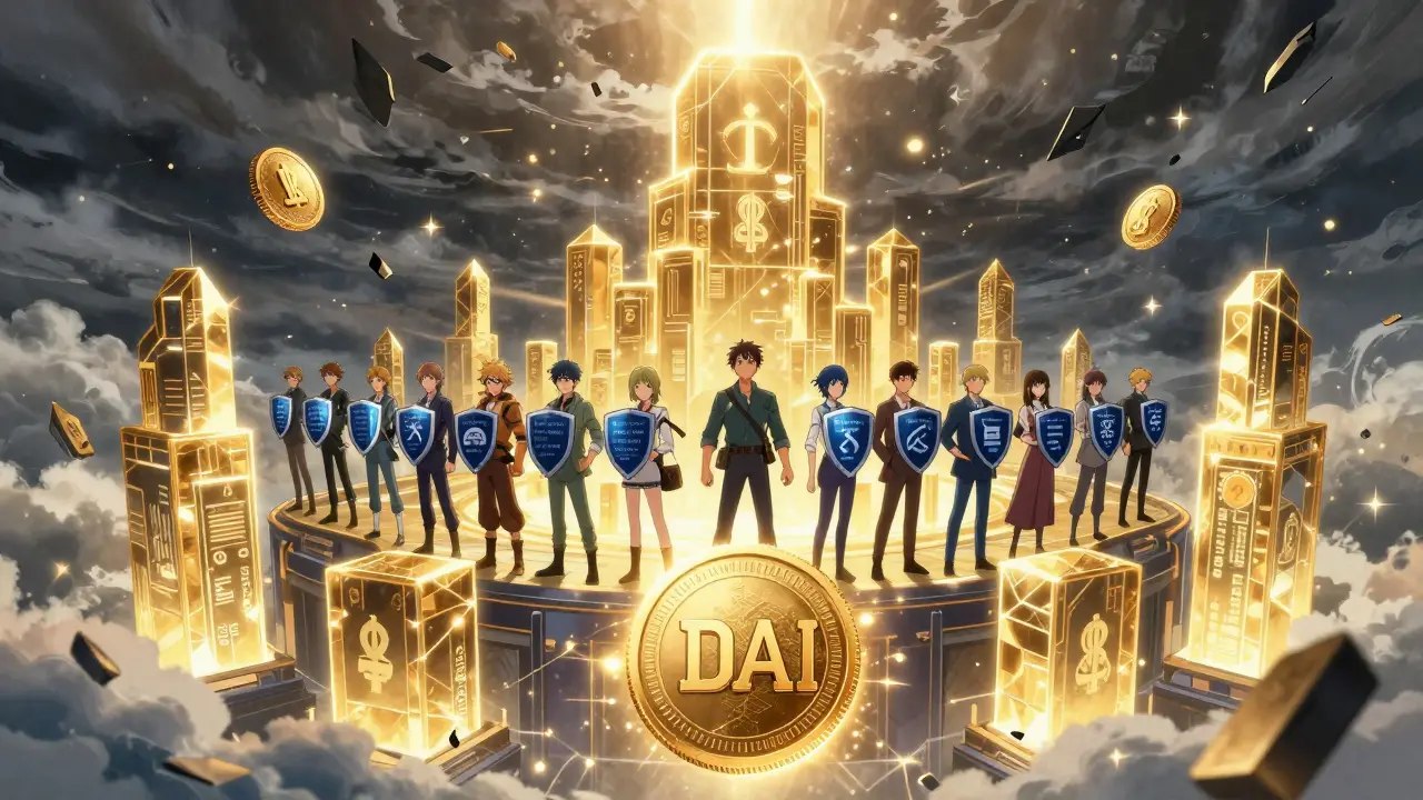 Une forteresse décentralisée lumineuse résiste à la tempête bancaire dans un style anime épique.