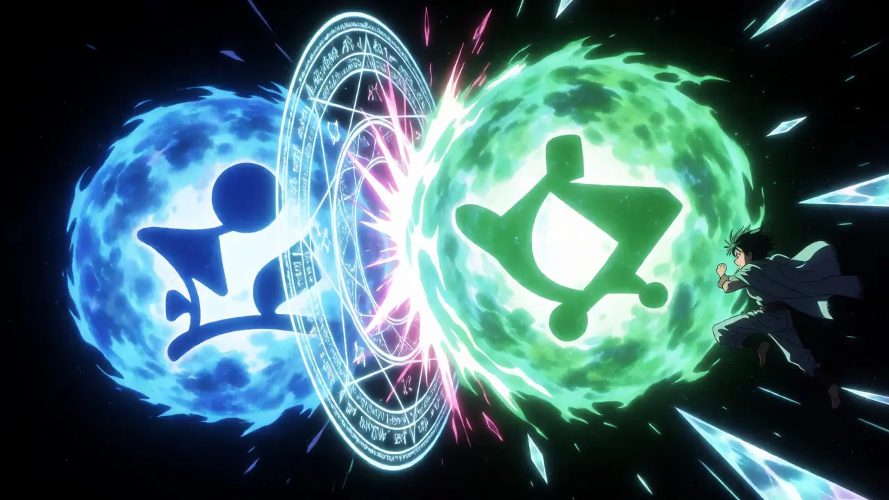 Bataille énergétique entre sphères de jetons et éclats de frais de gaz dans le style anime