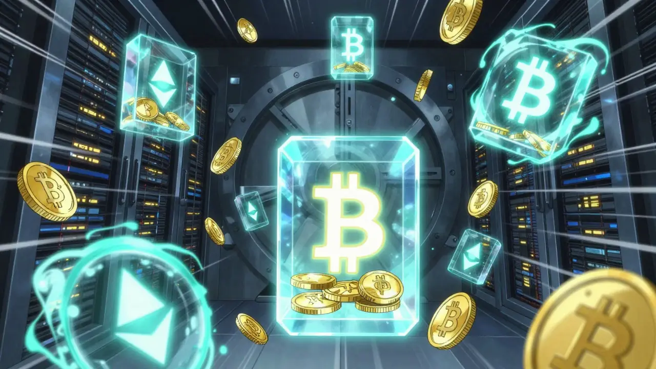 Coffre-fort de cryptomonnaies avec des pièces flottantes et verrouillées