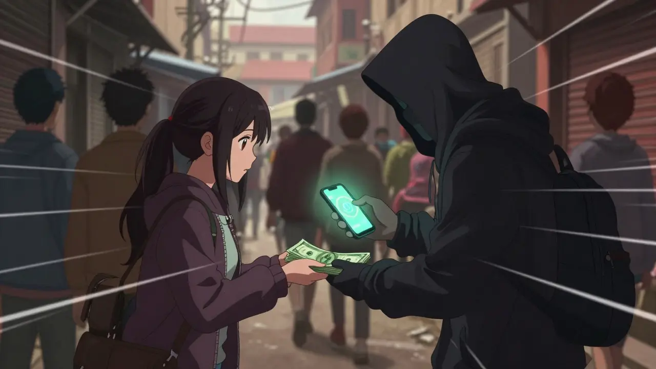 Échange clandestin de cash contre cryptomonnaies dans une ruelle animée