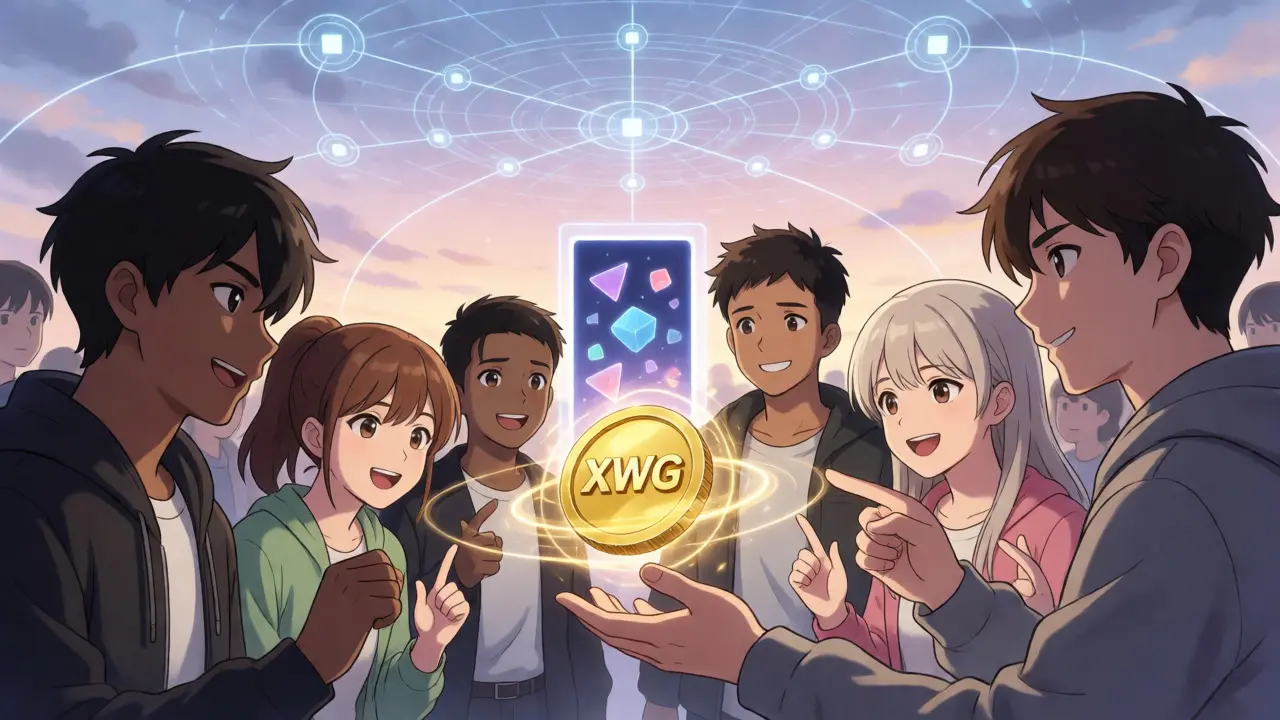Équipe de joueurs connectée autour d'un jeton doré XWG flottant.