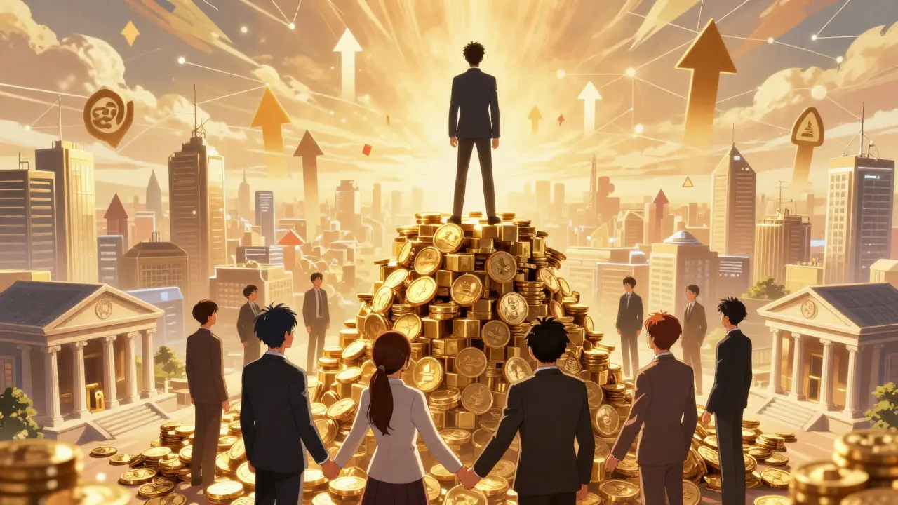 Figure victorieuse sur une montagne de crypto-monnaies regardant une ville futuriste