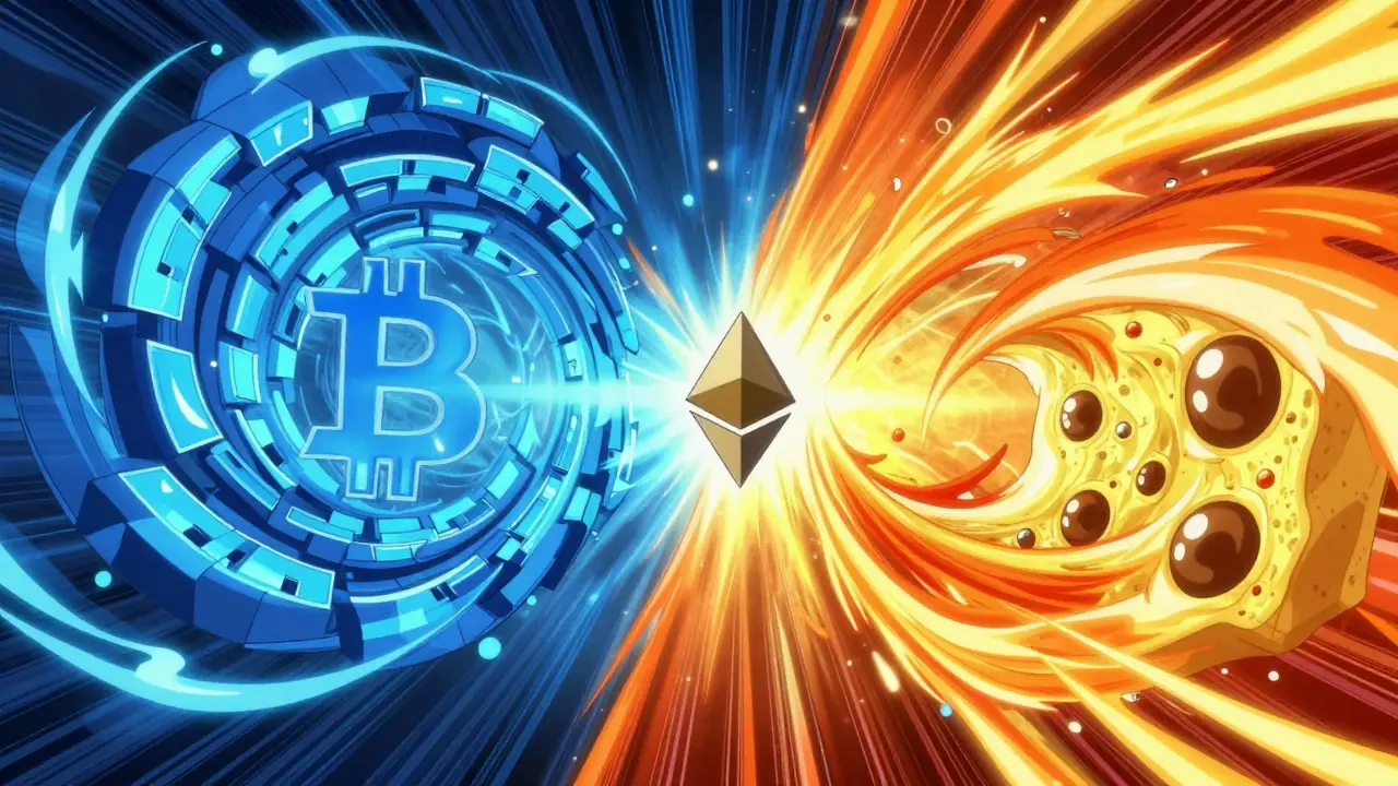 Flux d'énergie divisés illustrant les différences de hachage entre Bitcoin et Ethereum