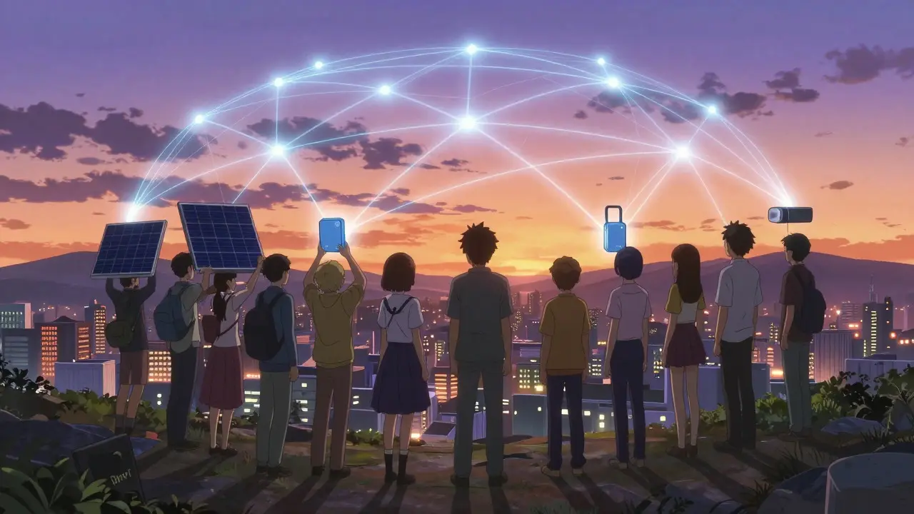Groupe de gens partageant leur infrastructure physique sous un ciel crépusculaire