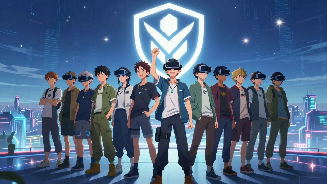 Groupe de jeunes gamers réunis sur une plateforme numérique sous un ciel étoilé