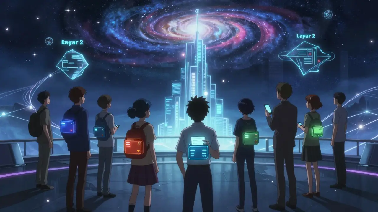 Groupe de personnages gérant leurs portefeuilles numériques sur une plateforme futuriste
