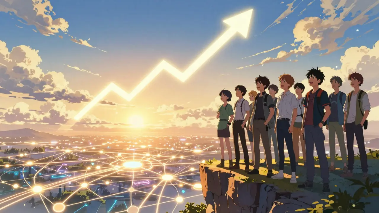 Groupe de personnages regardant un paysage numérique lumineux depuis une falaise au lever du soleil