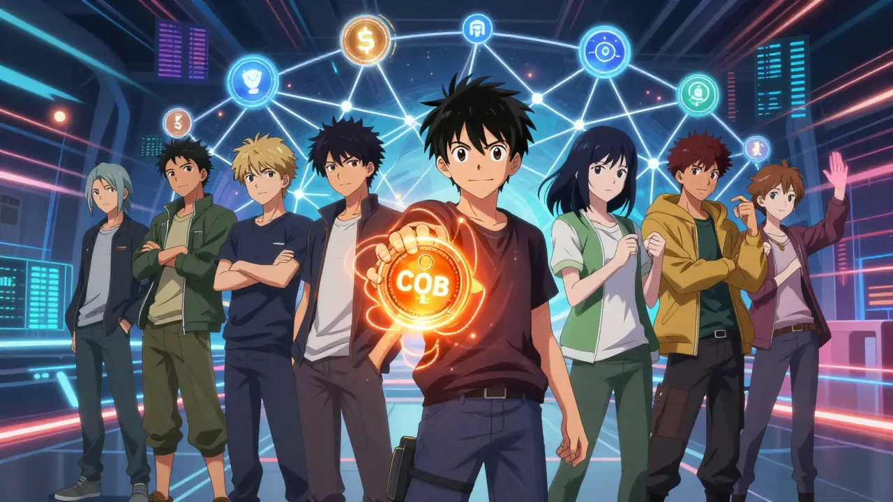 Groupe dynamique de personnages anime tenant un jeton COB lumineux sur un marché futuriste