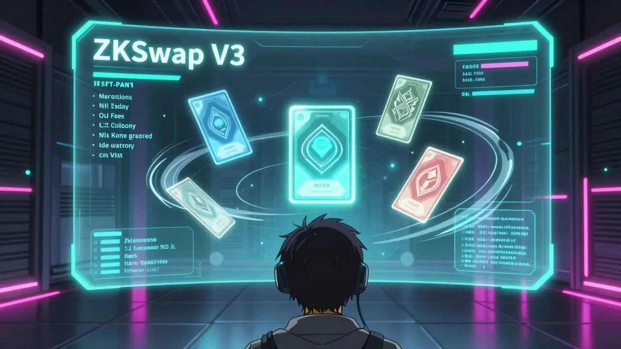 Interface futuriste montrant le support des NFT sur la couche 2 de ZKSwap V3 en style anime.
