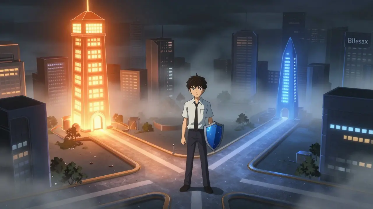 Investisseur à une intersection entre sécurité et risque dans un style anime