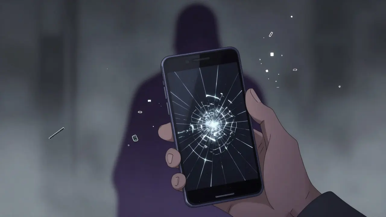 Main tenant un téléphone fissuré émettant de la lumière statique dans un style shonen