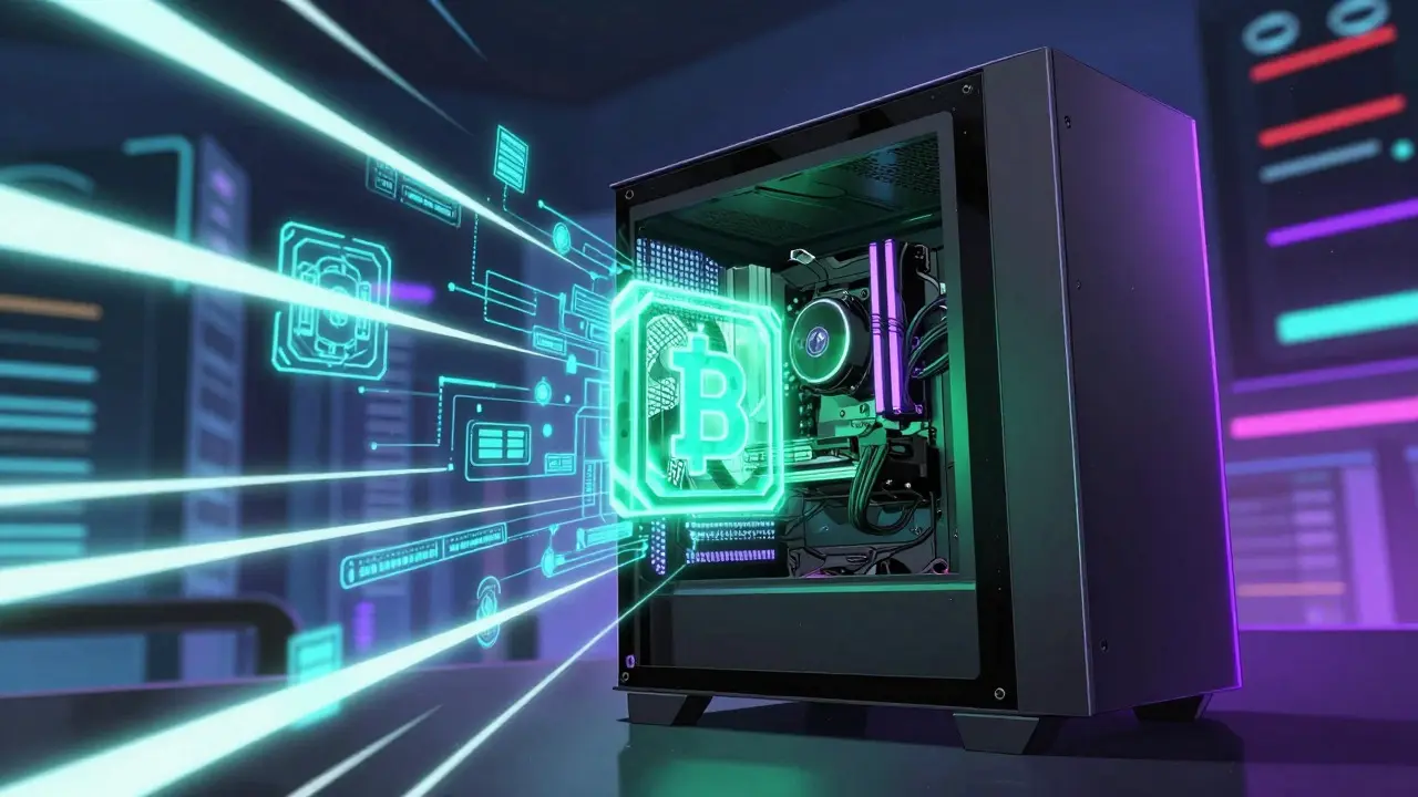 Ordinateur de jeu connecté au réseau blockchain en style shonen