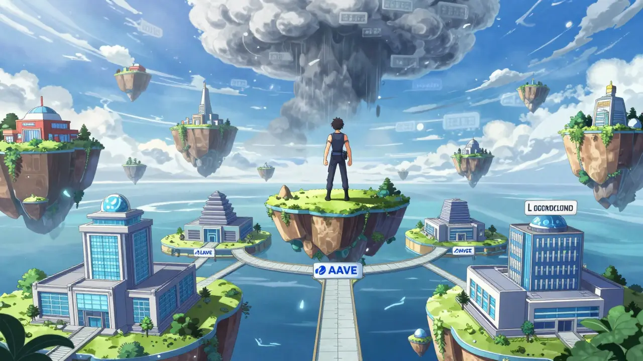 Personnage anime sur une île flottante sûre regardant vers des écosystèmes crypto stables