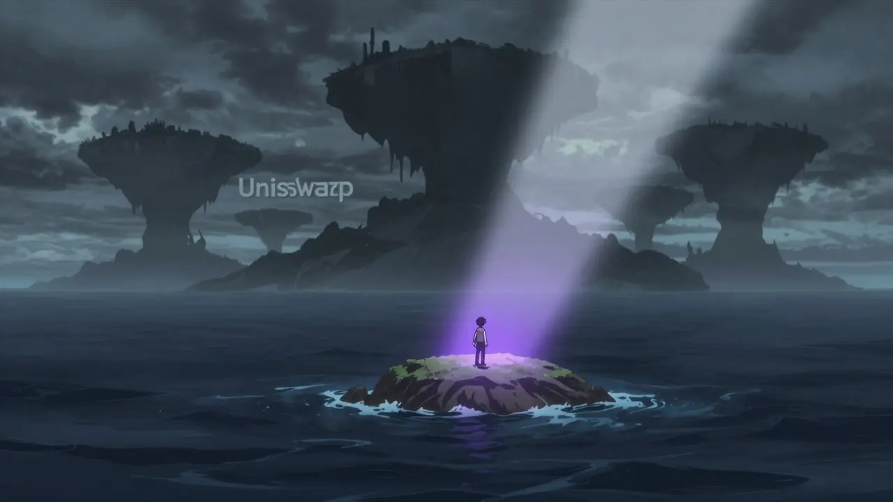 Personnage solitaire sur une petite île lumineuse face à des géants de la DeFi dans un style anime