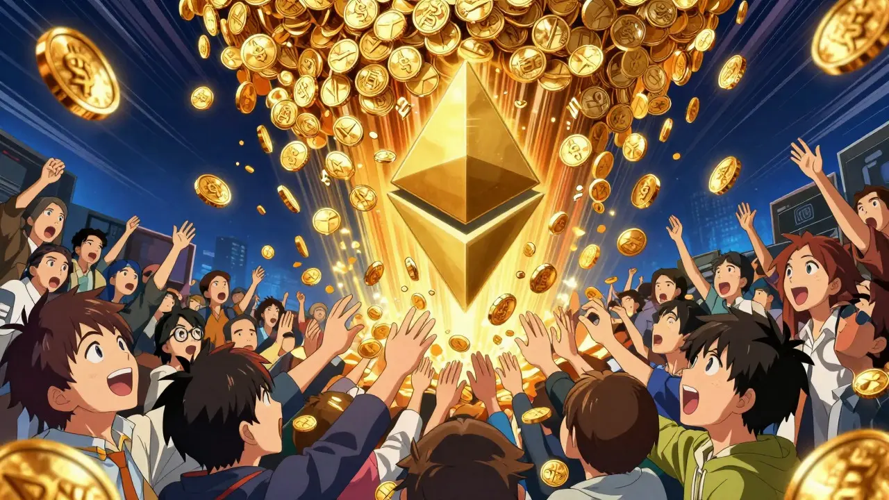 Pluie de jetons dorés symbolisant l'airdrop historique de ZKSwap en 2021, illustration manga.