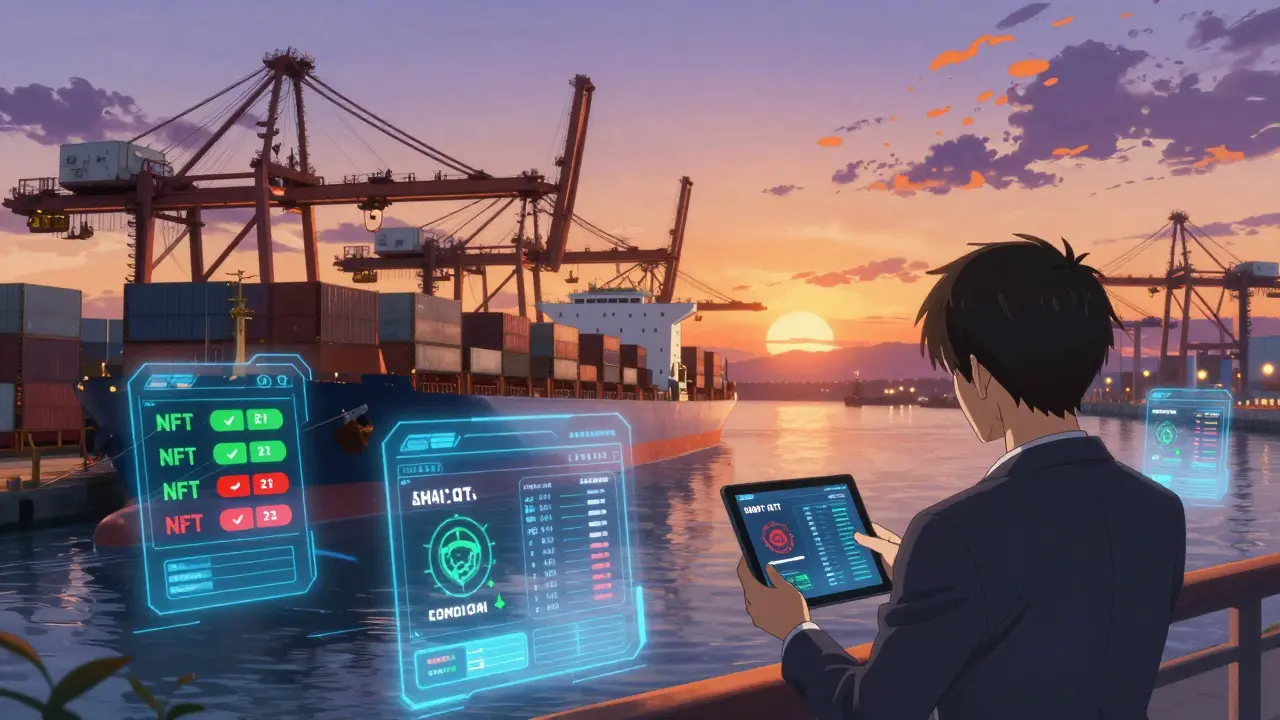 Port international avec interfaces holographiques montrant le statut des NFT logistiques