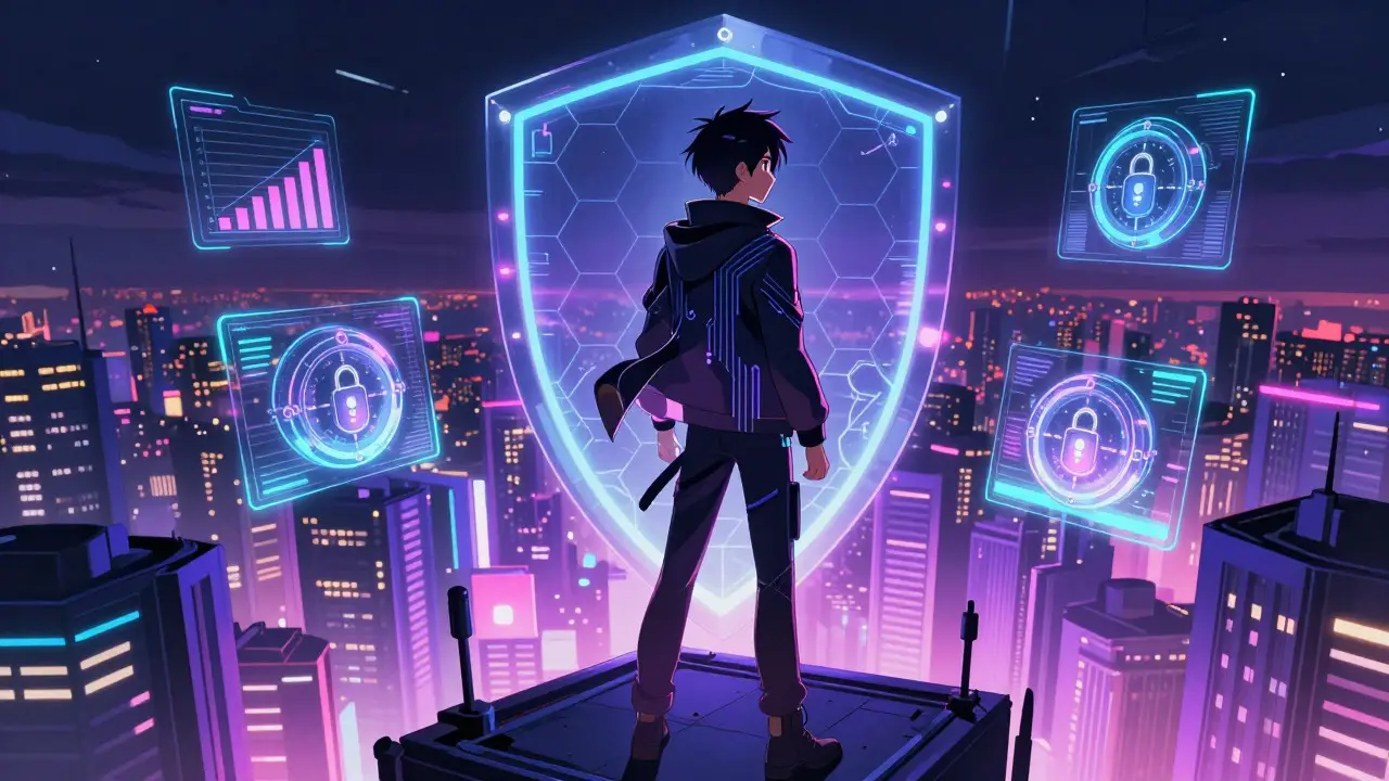 Protagoniste d'anime sur un gratte-ciel néon, entouré d'un bouclier technologique hexagonal