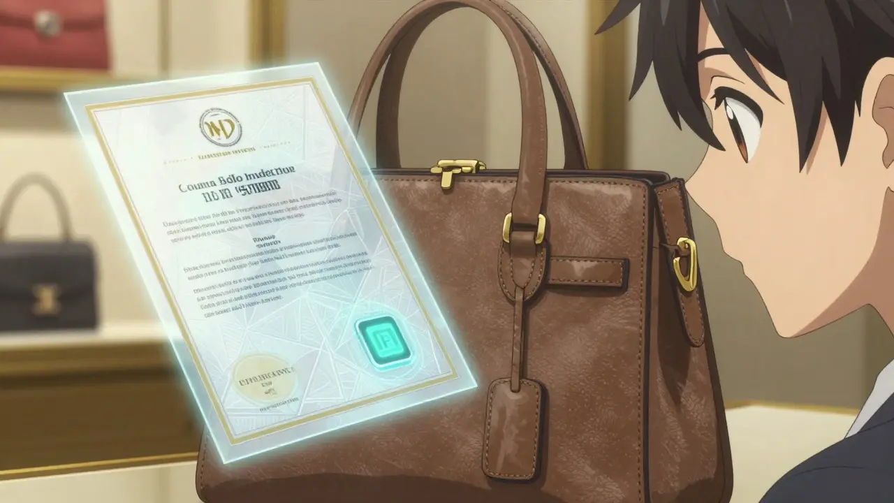 Sac de luxe avec puce NFC et certificat numérique flottant prouvant l'authenticité