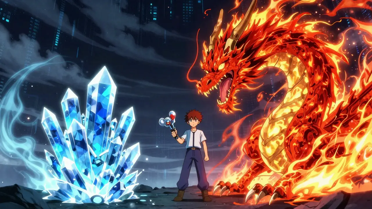 Scène d'anime comparant une petite structure cristalline à un dragon énergétique massif dans un vide numérique