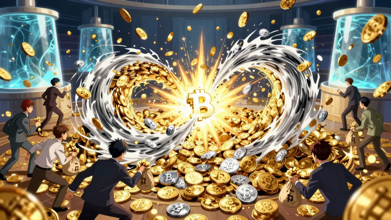Tourbillons de pièces dorées et argentées représentant des échanges de cryptomonnaies dans un style shounen