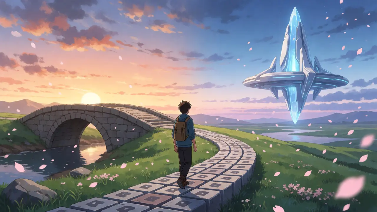 Voyageur contemplant le pont Uniswap v2 et la structure futuriste v3 au crépuscule