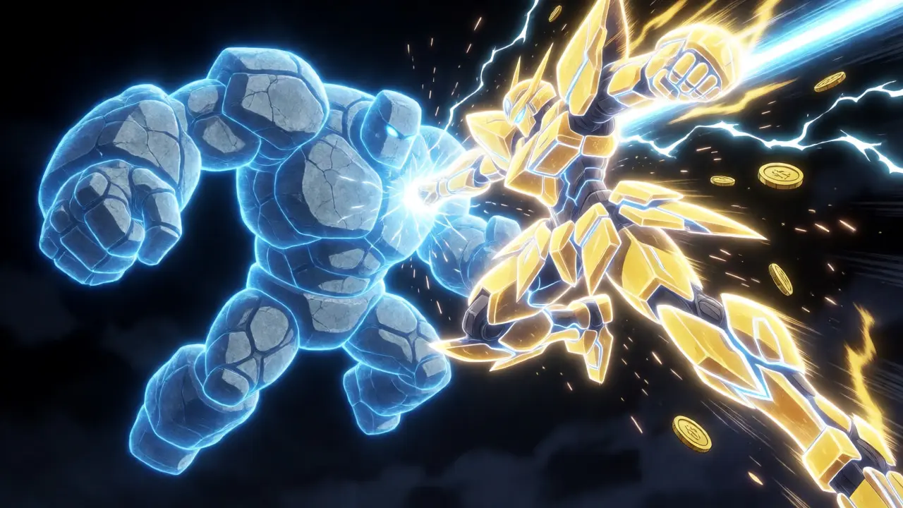 Combat animé entre un golem lent et un robot lumineux rapide