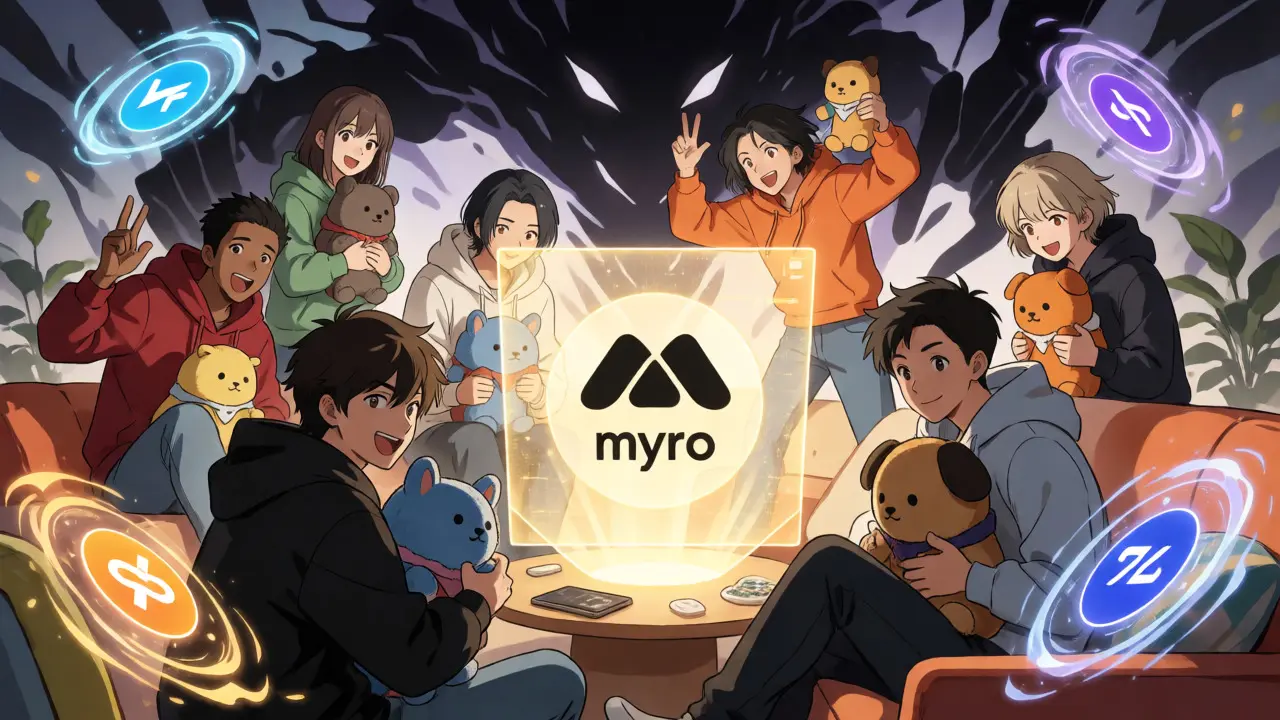 Communauté anime autour du logo Myro avec des peluches et icônes DeFi flottantes