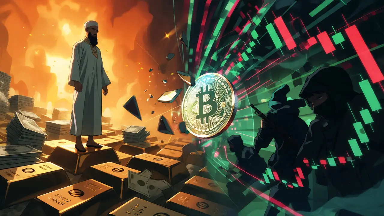 Conflit visuel entre la stabilité de l'or et le chaos volatil des cryptomonnaies dans un style anime.
