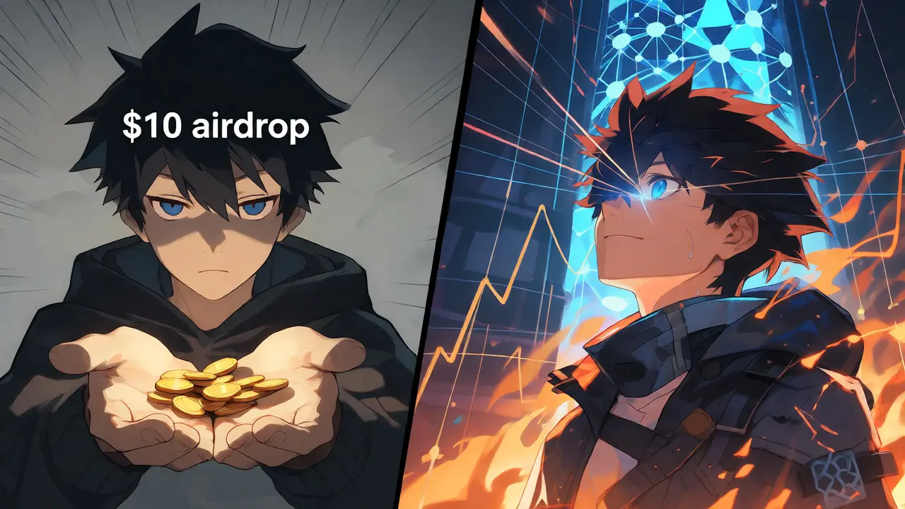Contraste visuel anime entre la récompense immédiate modeste et la croissance potentielle à long terme.
