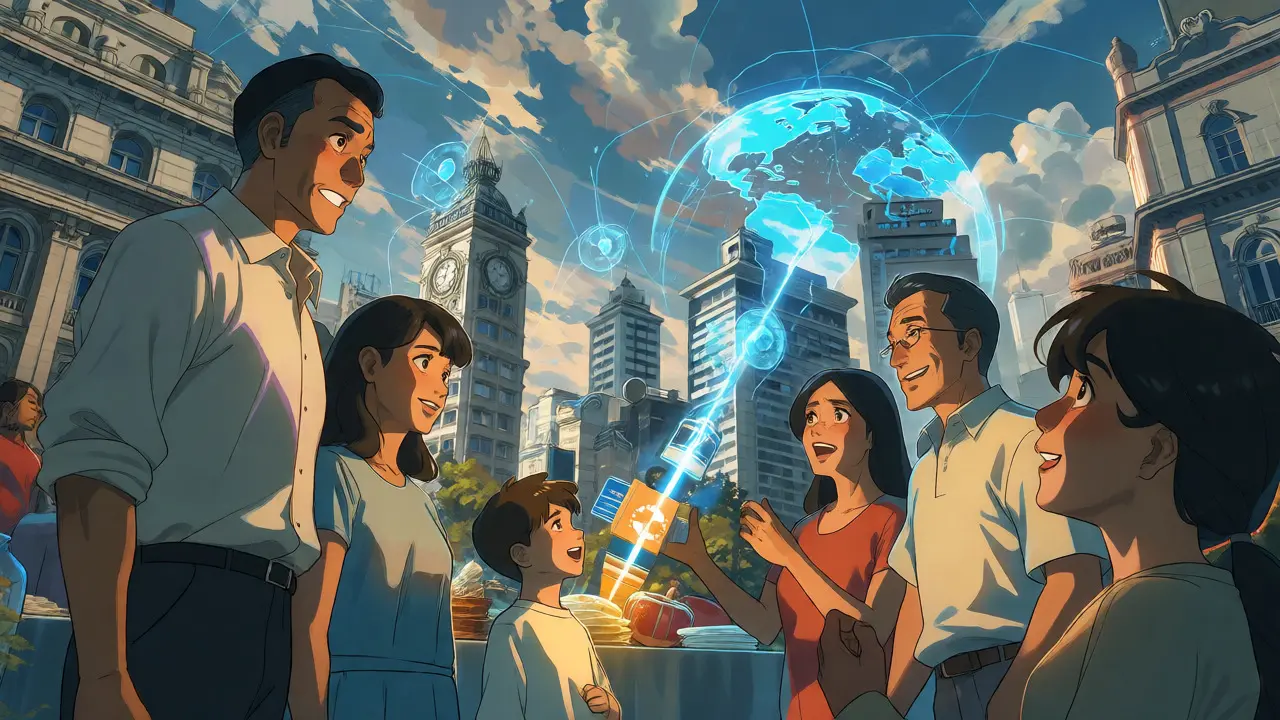 Famille argentine recevant une lumière numérique représentant les remises familiales via crypto.