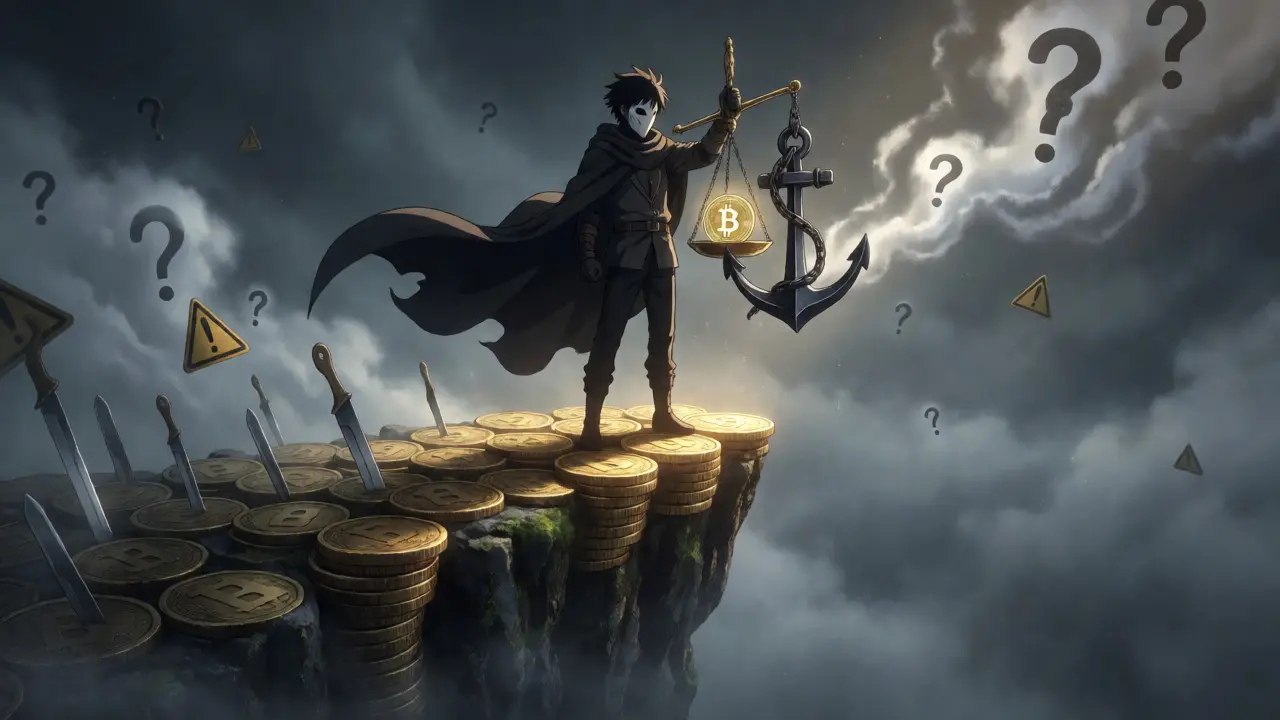 Figure masquée sur une falaise pesant les risques spéculatifs contre les récompenses Bitcoin en anime.