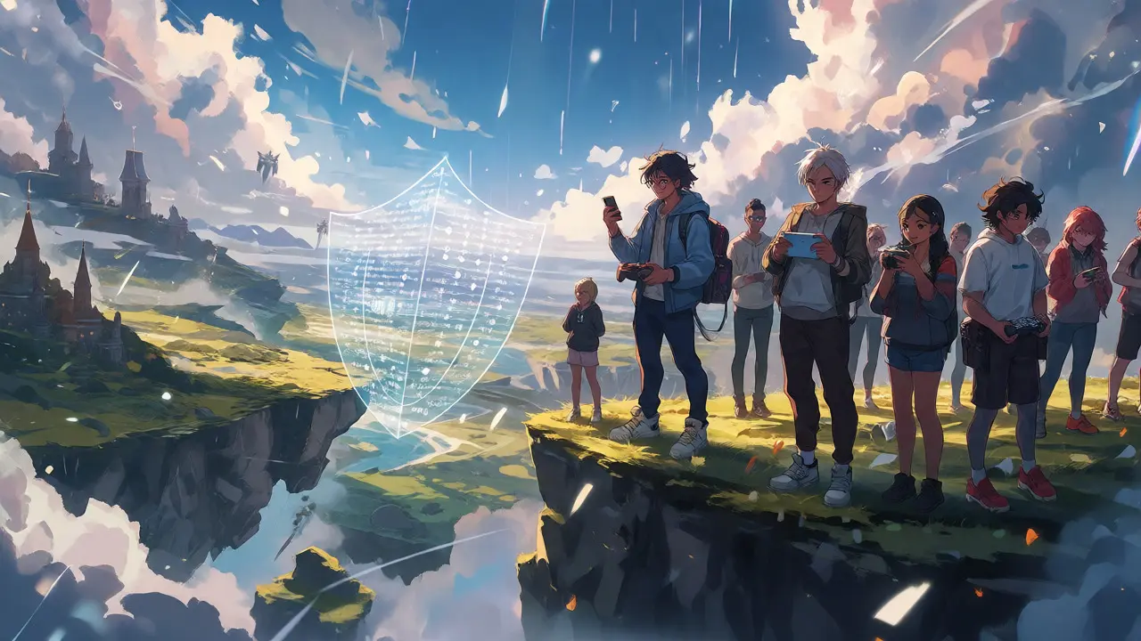 Groupe de joueurs sur une falaise face à un monde MMORPG fantastique