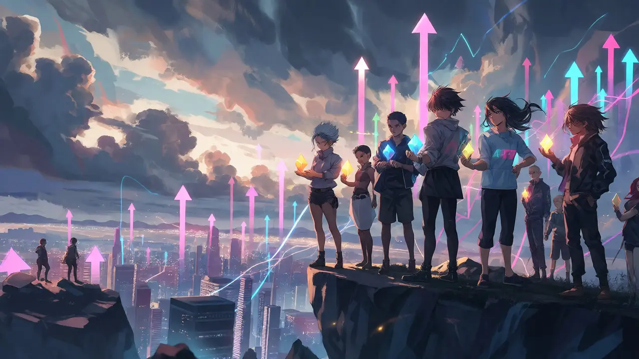 Groupe de personnages anime tenant des jetons APTR devant une ville futuriste.