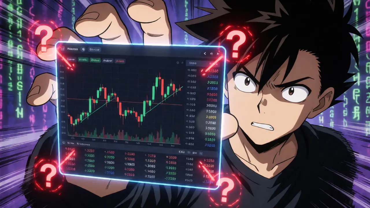 Interface de trading glitchée et incertaine sous les yeux du héros.