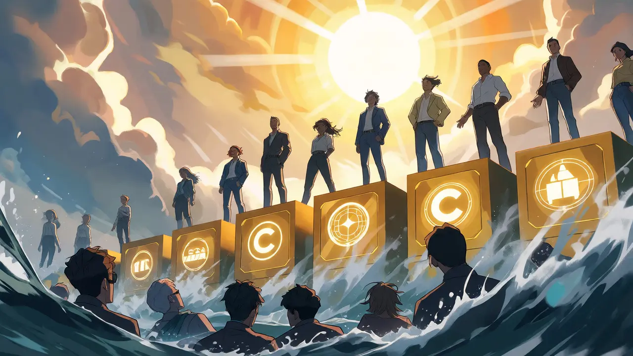 Investisseurs en sécurité sur une plateforme régulée au-dessus d'une mer chaotique.