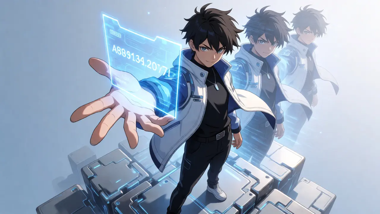 Personnage anime projetant une adresse cryptographique bleue holographique depuis sa main ouverte.