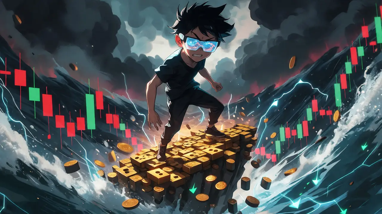 Scène d'action anime montrant un trader face à la volatilité extrême et aux risques du marché crypto.