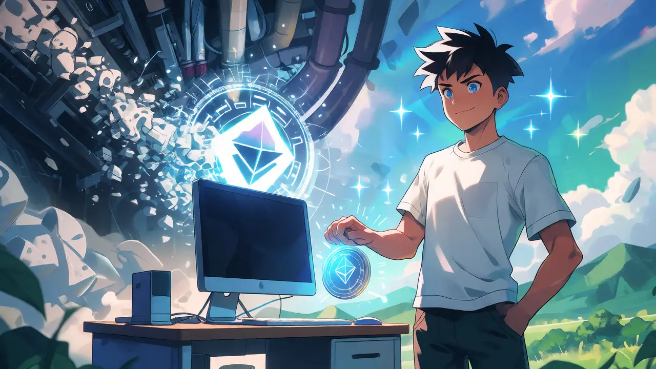 Un héros anime transformant la machine de minage en nœud validateur propre et lumineux.