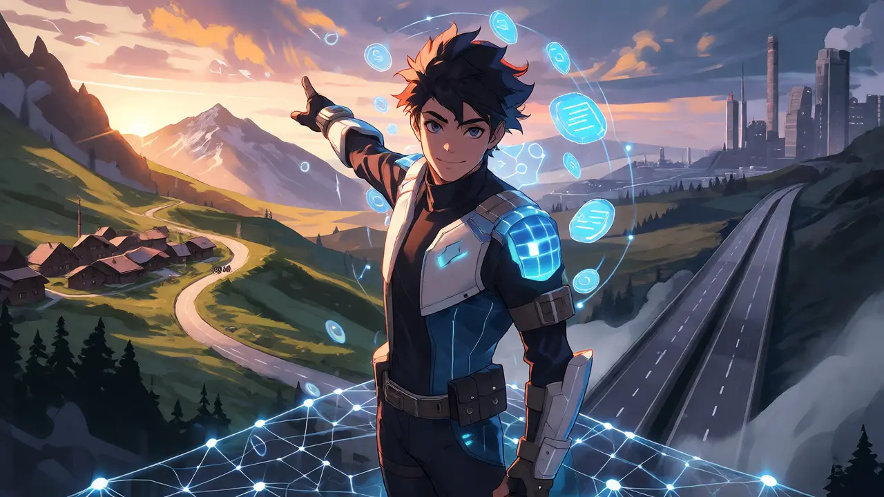 Un personnage anime choisissant le chemin durable vers un village alpin plutôt que l'industrie lourde.