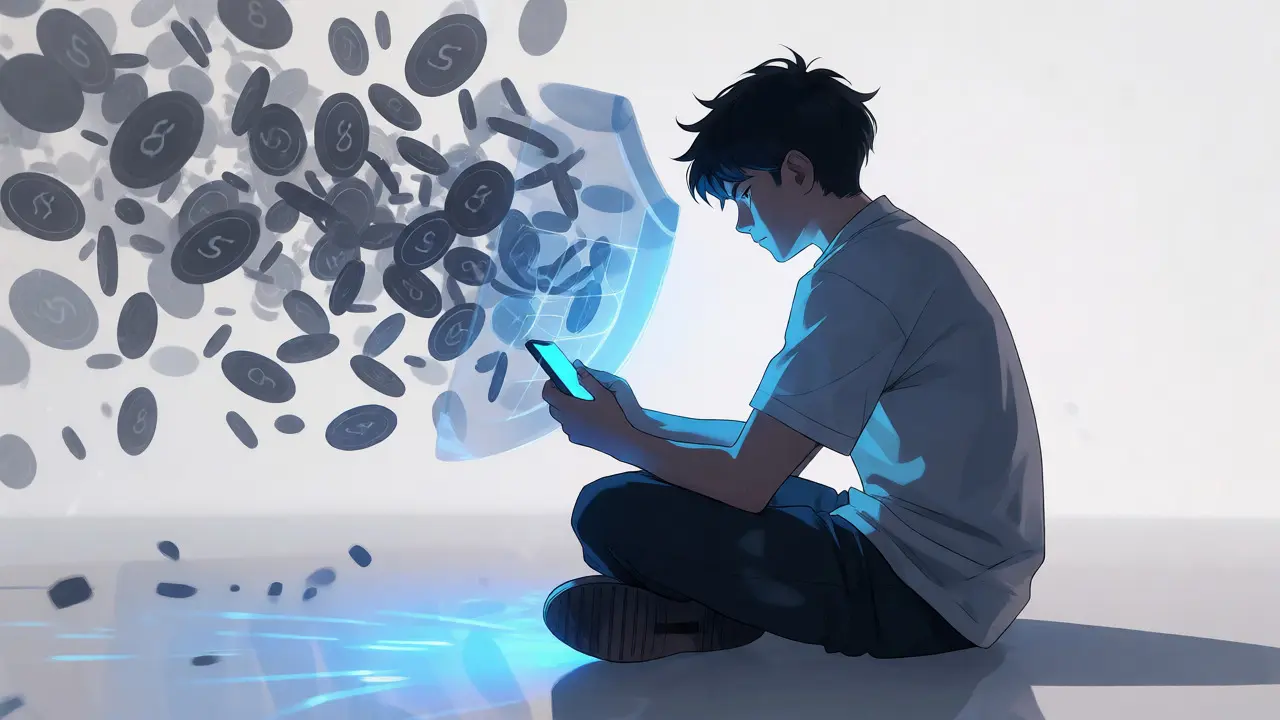 Un protagoniste protégé par un bouclier holographique contre des pièges numériques chaotiques.